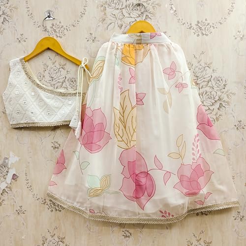 Girls Designer Lehenga Choli Set | Printed Organza Skirt with Lace Border | Georgette Embroidered One-Shoulder Blouse for Kids (2-3 Years)