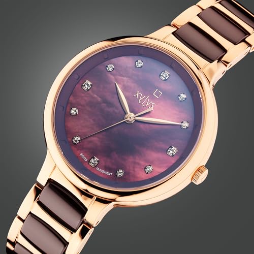 Xylys Amalgam Swiss Analog Rose Gold Steel and Ceramic Strap Mother of Pearl Dial Watch for Women