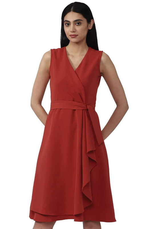 Van Heusen Women Red Solid Knee Length Formal Dress