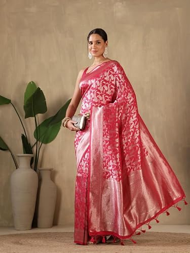 Meena Bazaar Woven Art Silk Saree With Blouse Piece | Pink
