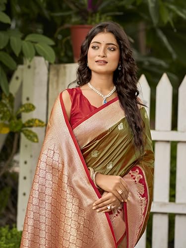 MANOHARI Women's Most Trendy Banarasi Satin Silk Woven Olive Green Animal Design Pattern Pattern Saree With Heavy Jacquard Work Saree With Blouse Piece_MN2037