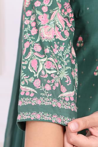 W for Woman Green Floral Printed Cotton Straight Kurta with Sharara and Dupatta Set - (WS13741-127334-L)