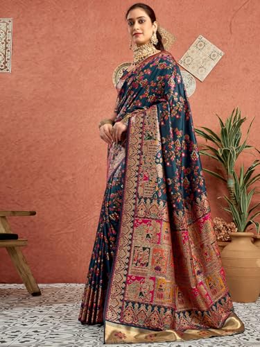 Satrani Women's Silk Kashmiri Minakari Weaving Saree with Unstitched Blouse Piece (4314S605N_Rama Blue)