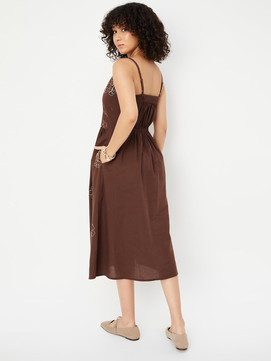 Max Women's Cotton A-Line Midi Casual Dress (EE54001_Dark Brown