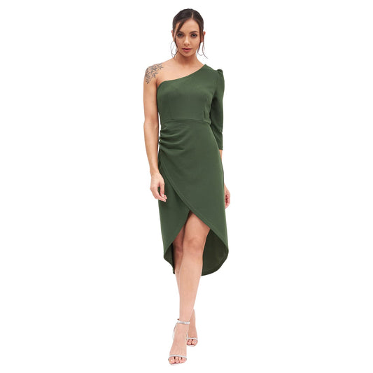 Eiko Women's Spandex One Shoulder Overlap Dress (Small, Olive)