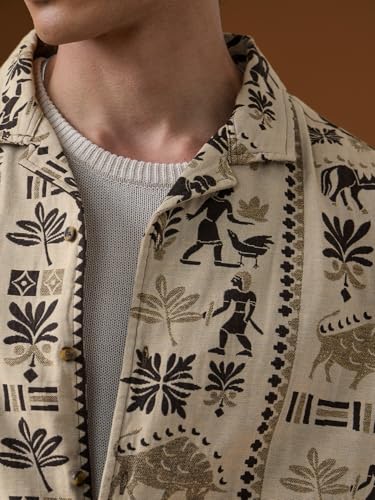 The Souled Store Nomad: Spirit Men and Boys Short Sleeve Cuban Collar Beige All Over Print Regular Fit Casual Trendy Holiday Ready Cotton Blend Textured Shirt