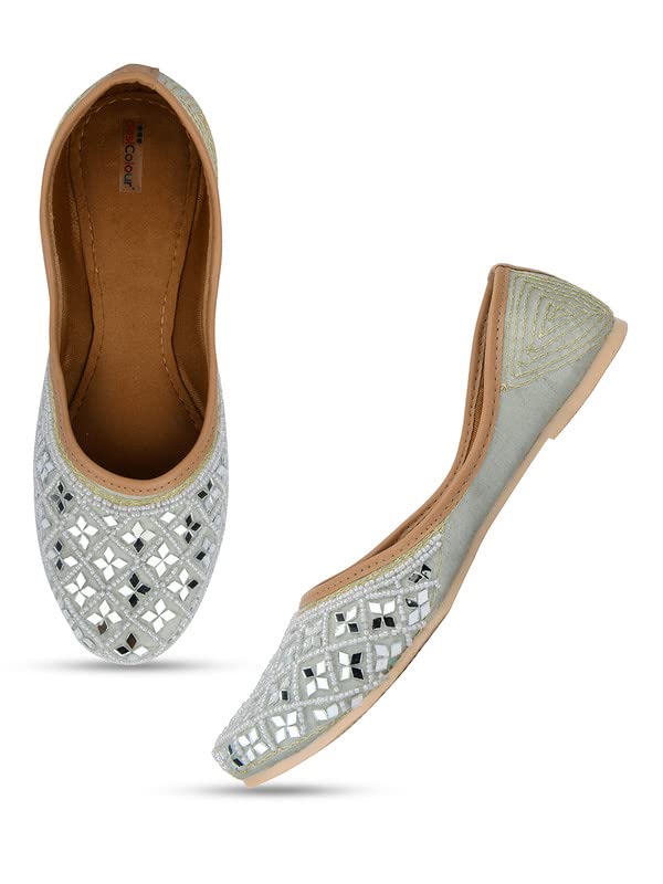 DESI COLOUR Women Ethnic Footwear Mojari/Punjabi Jutti-Mirror Art- Grey