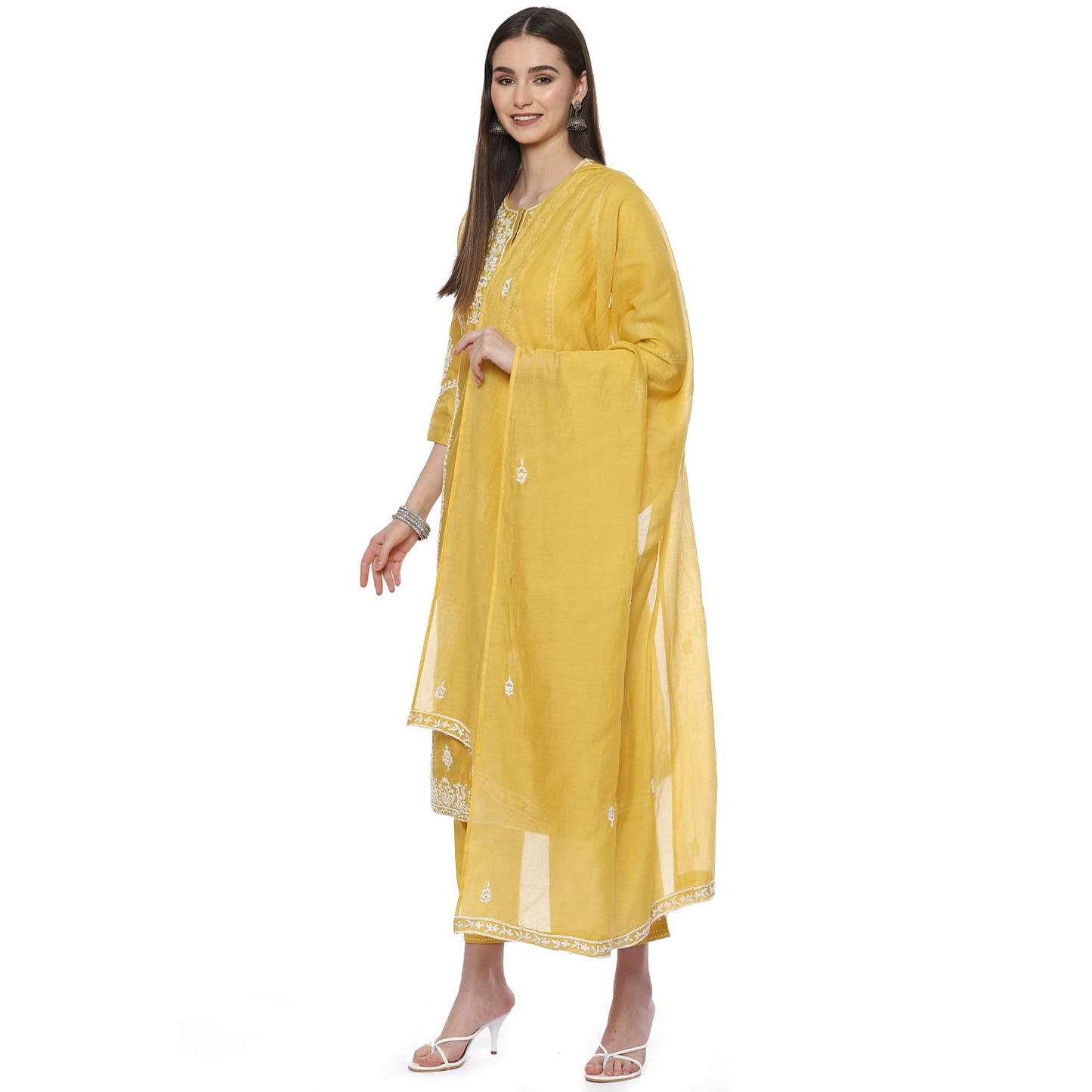 BIBA WOMEN EMBROIDERY NARROW SALWAR KURTA DUPATTA(SKDCHIKANKA8152_YELLOW_36)