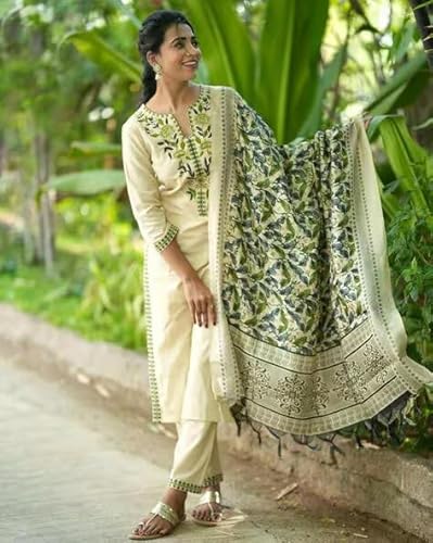 Kurthnic Women South Cotton Embroidered Kurta with Pant & Dupatta Green 4XL