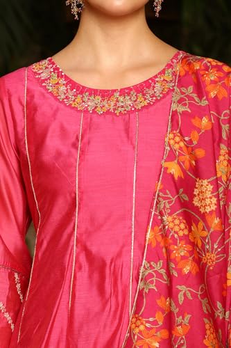 W for Woman Magenta Pink Chanderi Dori Embroidered Anarkali Kurta, Pants and Dupatta Set (Size: XL)-24AUWS11468-221979