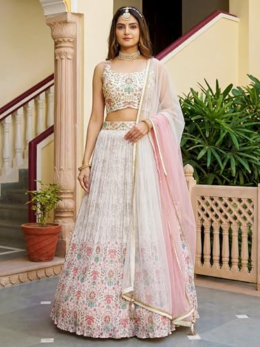 Zeel Clothing Women's Floral Printed Georgette New Lehenga Choli with Dupatta (5081-White-Women-New-Lehenga-Choli; Free Size)