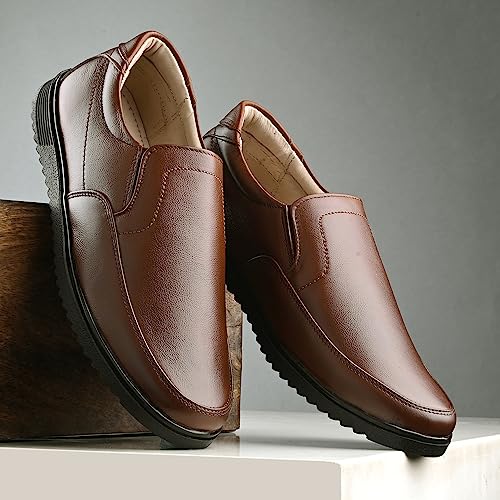 Blue Leather By Centrino Slip-On Men's Formal Shoe | Stylish with Soft Cushioned Insole | Trendy Non Lace-Up Design | Durable Leather with Anti-Skid Sole | Perfect for Formal Wear_3930-2_Brown_9