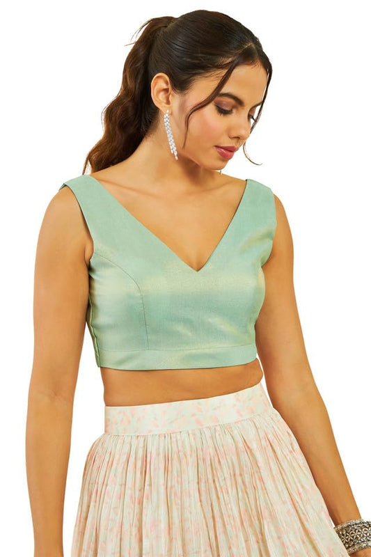 Soch Womens Sap Green Tussar V-Neck Back-Open Sleeveless Blouse
