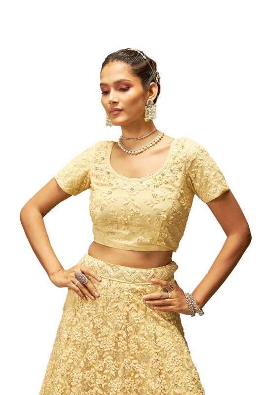 Soch Womens Yellow Net Floral Embroidered Sequin Embellished Unstitched Lehenga Set