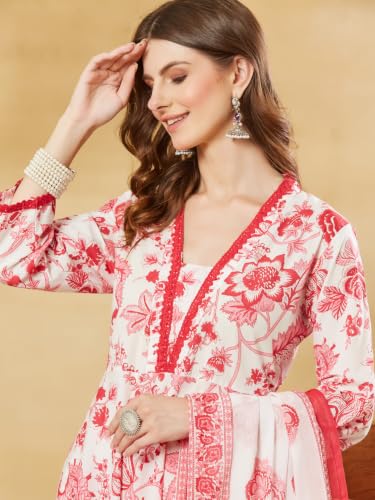 Divena White Floral Cotton Anarkali Kurta Sets With Dupatta