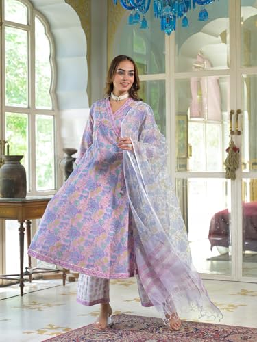 Divena Pink Cotton Block Print Angarakha Kurta Pant with Dupatta