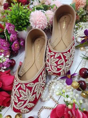 Fulkari Women Iris Velvet Magenta Gold Formal Genuine Soft Leather Jutis | Bite and Pinch Free Juttis | Punjabi Jutti | Girl's Wedding Flat Ladies Mojari Ethnic Juti | 42