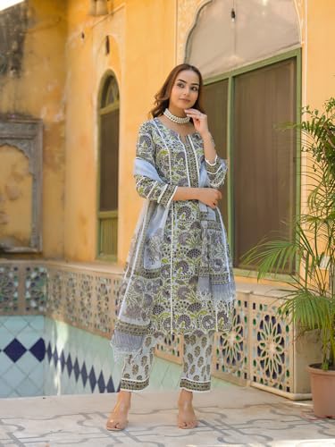 Divena Sea Green Cotton Block Print Kurta Pant with Dupatta