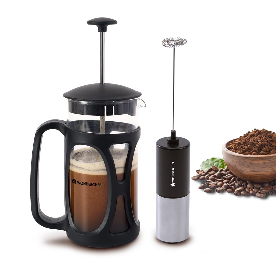Wonderchef French Press Coffee Maker & Milk Frother Gift Combo | Brew in 3 Mins | Heat Resistant Borosilicate Glass Carafe | Battery-Operated Frother for Coffee, Hot Chocolate, etc.