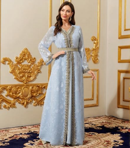 Embroidery Abayas for Women Muslim Moroccan Floral Maxi Kaftan Dress Arabic Islamic Dubai Robe Ramadan Prayer Clothes, Light Blue, S