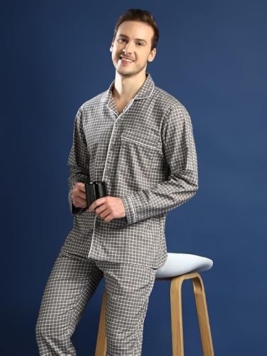 Hancock Men Cotton Checked Night Suit White Size XL