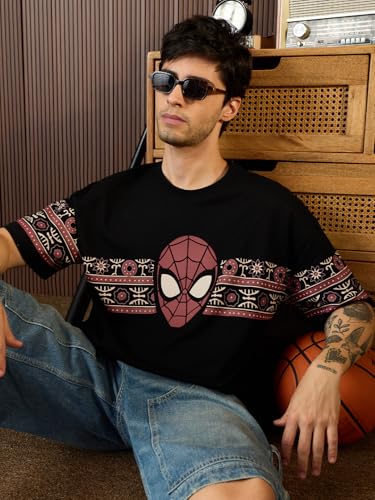 The Souled Store Spider-Man: Great Desi Power Men and Boys Short Sleeves Round Neck Black Graphic Printed Casual Lightweight Drop Shoulder Streetwear Trendy Oversized T-Shirt