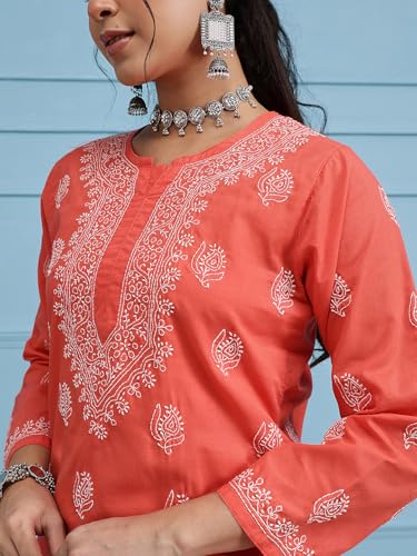 Ada Women's Cotton Regular Fit Top Tunic Hand Embroidered Lucknowi Chikankari Short Kurti A911387 Coral Red (Medium)