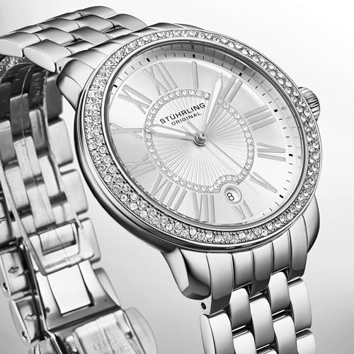 Stuhrling Original Celestia 4080 Women’s 38mm Quartz Watch – Crystal Bezel, Sunray Dial, Roman Numerals, Date Display, Stainless Steel Bracelet, Butterfly Clasp, Silver