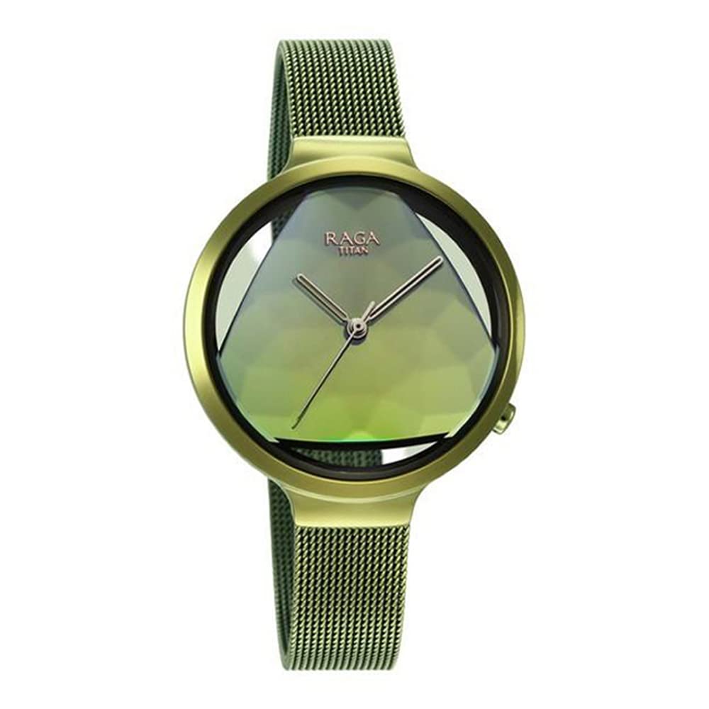 Titan Raga Moments of Joy Quartz Analog Green Dial Metallic Green Stainless Steel Strap Watch for Women - NT95134QM01