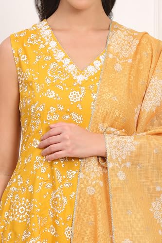 W for Woman Floral Printed Embroidered Neck Flared Kurta, Sharara and Dupatta Set (Size: S)-WS12733-125817