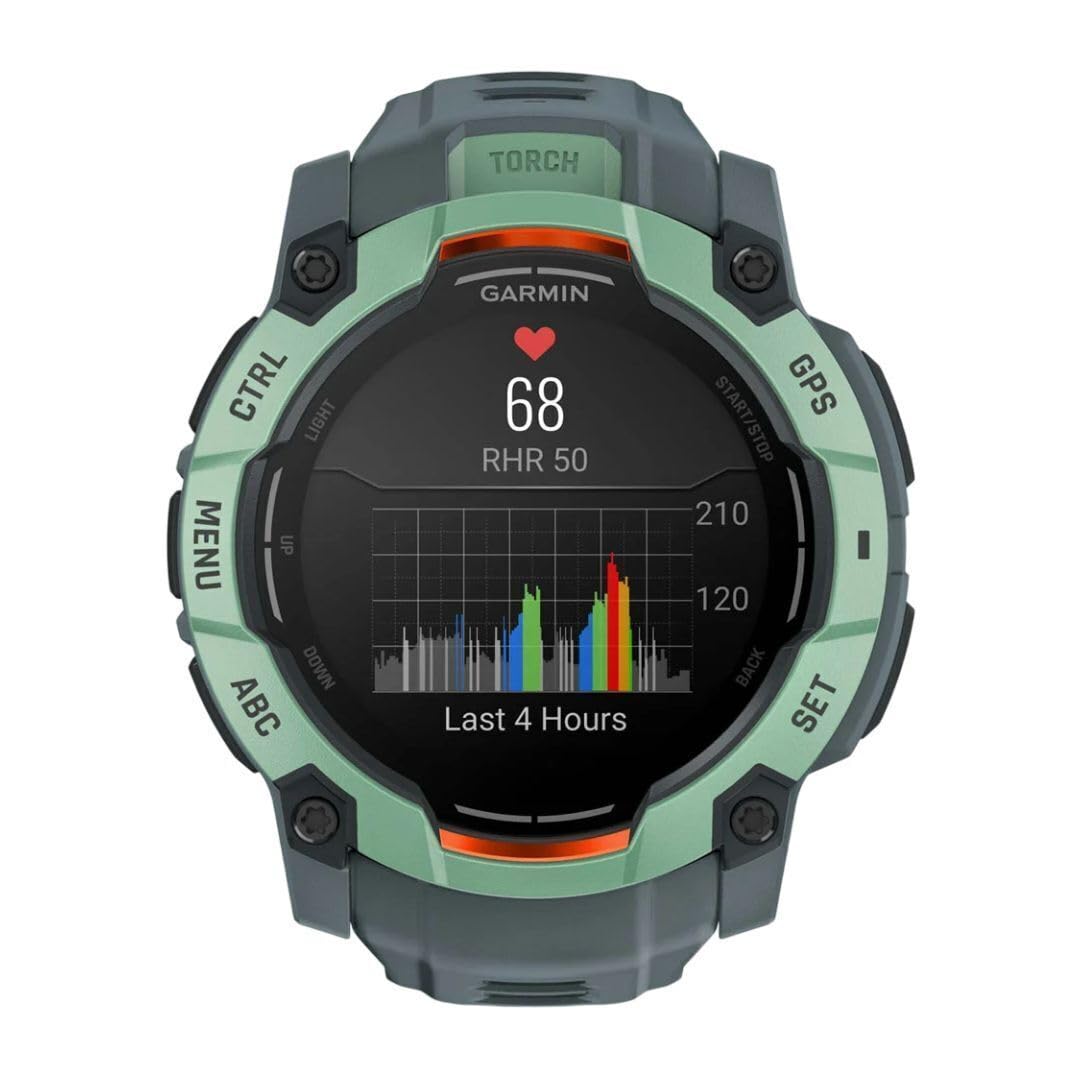 Garmin Instinct® 3 50mm, AMOLED Display, Rugged Outdoor GPS Smartwatch, Metal-Reinforced Bezel, Built-in Flashlight, Up to 18 Days of Battery Life, Neo Tropic/Twilight