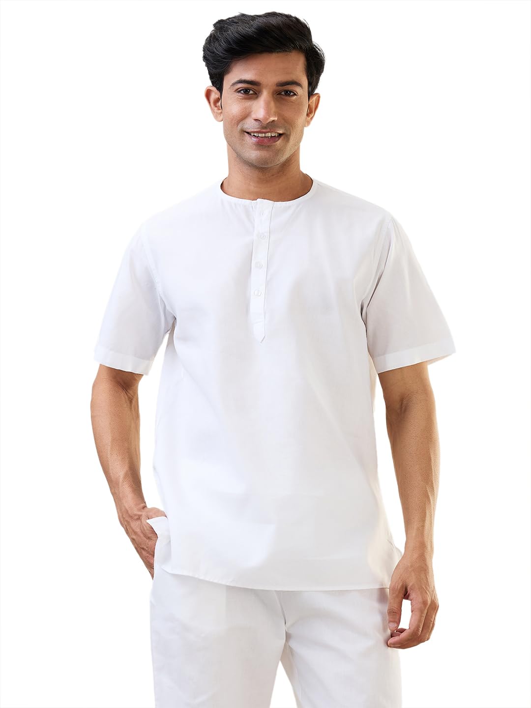 Raymond SleepZ Men Comfort Fit Solid Pattern Cotton Polyester Blend Round Neck Kurta White