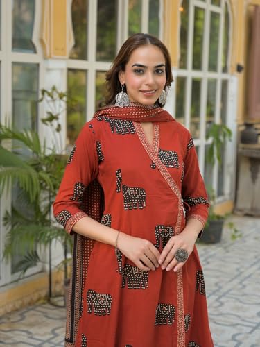 Divena Red Animal Print Cotton A-Line Kurta Pant with Dupatta