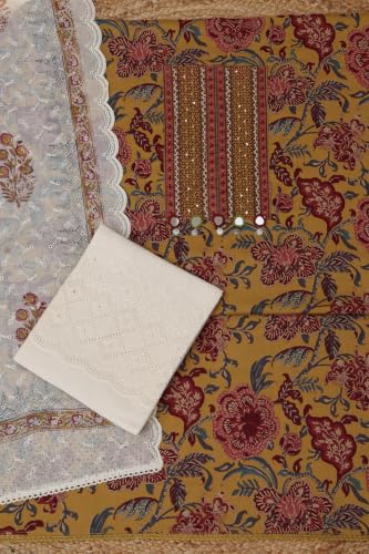 Soch Womens Mustard Cotton Botanical Dress Material With Hand Embroidery and Mirror Work