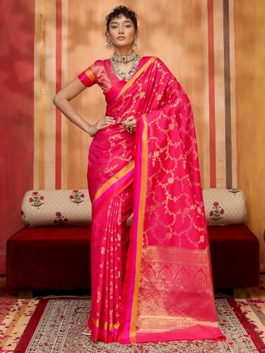 AKHILAM Women's Pink Pure Silk Ethnic Motif Printed Saree With Unstitched Blouse Piece (COLOURS005_RJ)