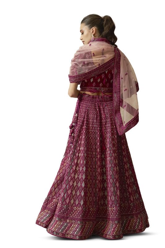 Soch Womens Wine Georgette Embroidered Unstitched Lehenga Set with Stone Embellishments
