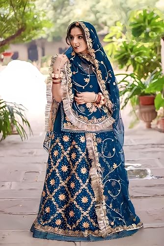 SHYAMLATA Rajasthani Ethnic Bridal Lehenga Choli Set – Traditional Handcrafted Poshak for Women – Stones with Silver Zari Work (Light Blue)