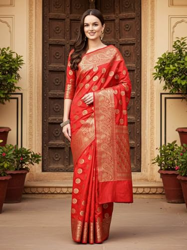 AKHILAM Women's Red Silk Blend Paisley Printed Saree With Unstitched Blouse Piece (2RAWS9032_AI)