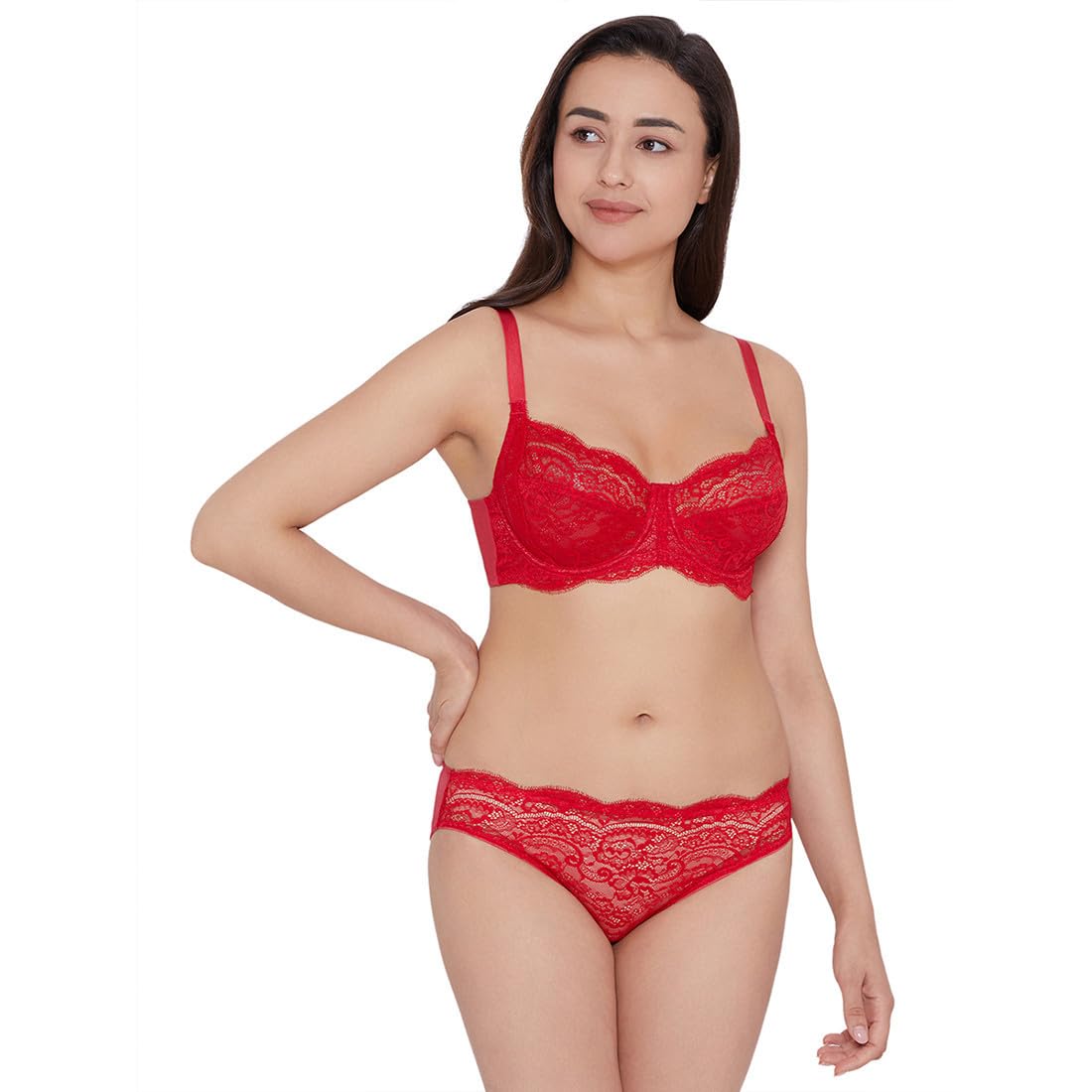 India Essential Lace Non Padded Wired Full Cup Lace Bra(Red, 34D)