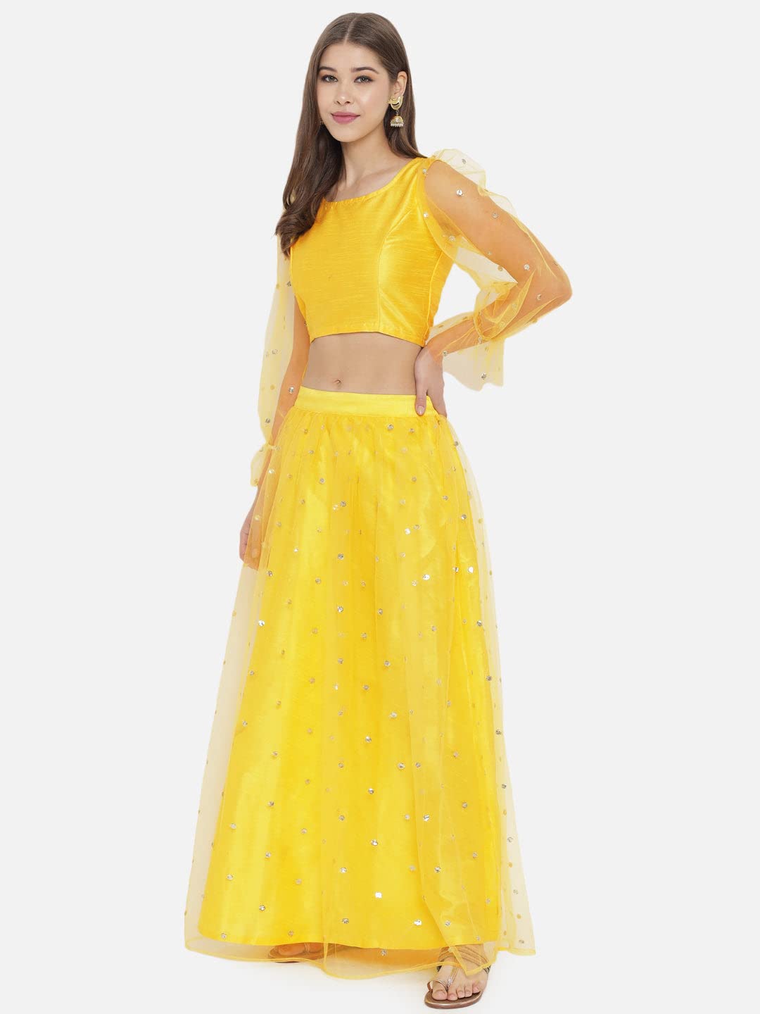 studio rasa Women's Net Sequins Embroidered Gathered Lehenga Set for Wedding Festive Party (LHSC12201L_Yellow_Large)