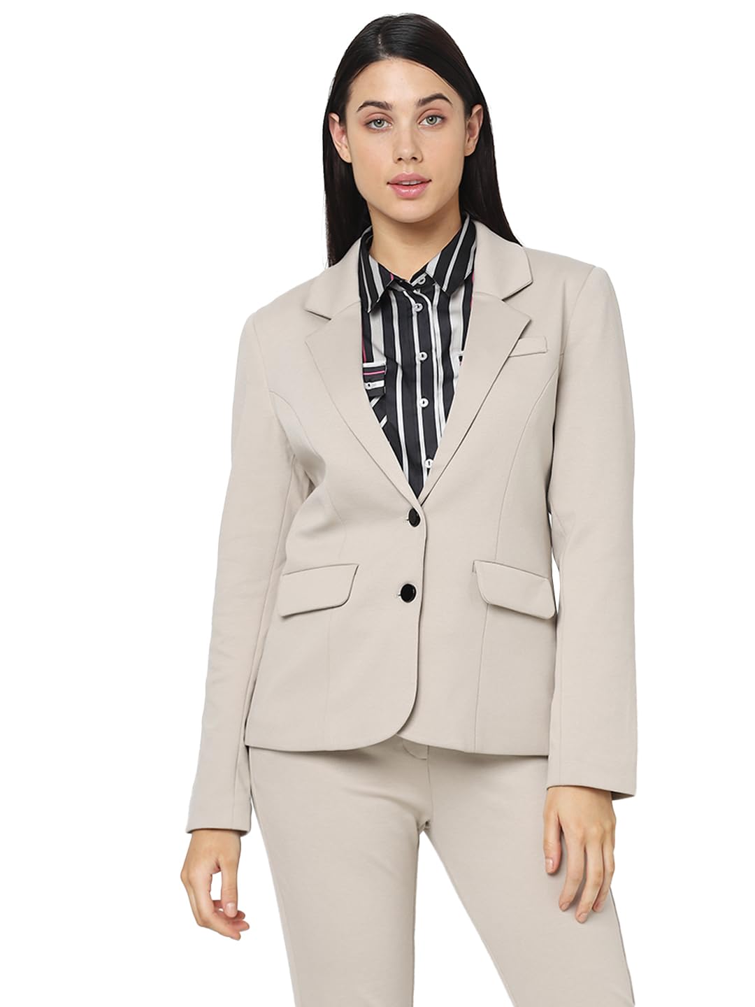 VERO MODA Women Solid Polyester Regular Fit Beige Single-Breasted Blazer