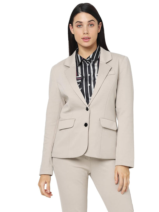 VERO MODA Women Solid Polyester Regular Fit Beige Single-Breasted Blazer