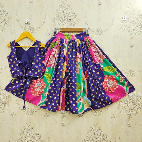 ALOK ENTERPRISE Kids Girls Blue Floral Printed Lehenga Choli Set | Sleeveless Cotton Blend Lehenga for Girls | Festive, Wedding & Traditional Ethnic (WHITE, 3-4 YEARS)