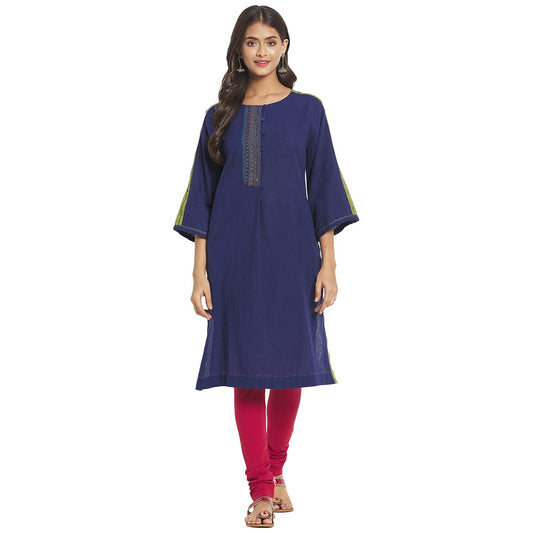 Fabindia Women Round Neck Placket Medium Kurta Cotton_L Navy Blue
