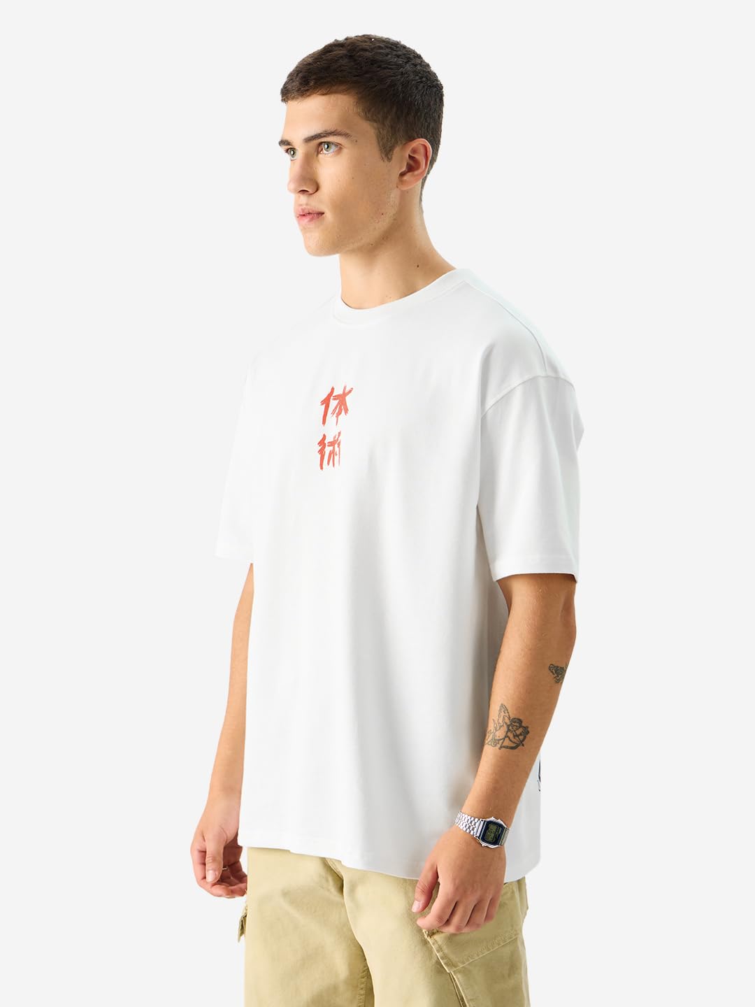 The Souled Store Official Naruto: Drunken Fist Men and Boys Short Sleeves Round Neck White Graphic Printed Cotton Oversized T-Shirts