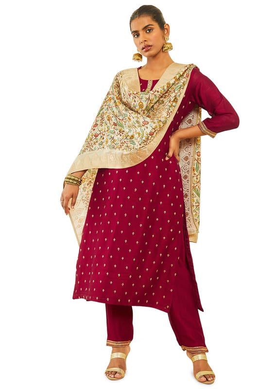 Soch Womens Maroon Silk Blend Embroidered Suit Set with Zari Woven Dupatta