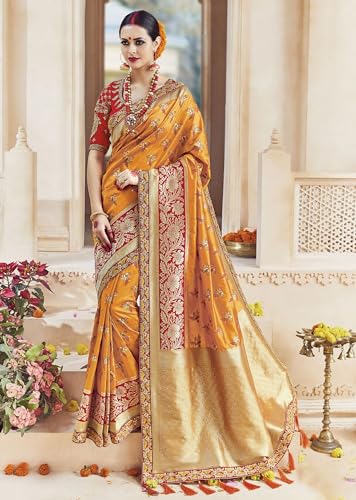 Monjolika Fashion Women's Traditional Zari Woven Banarasi Tissue Silk Saree Comes With Unstitched Blouse Piece (Amber)