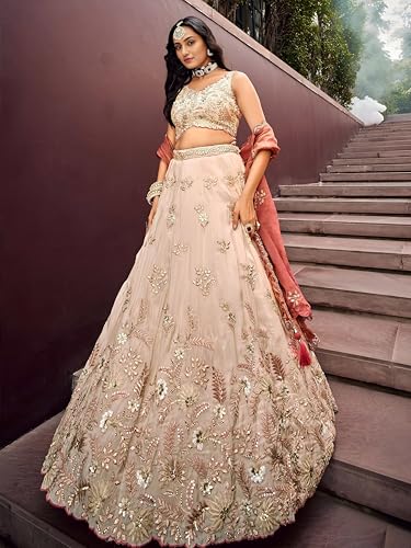 Zeel Clothing Women's Dori, Sequins and Thread Embroidered Work Cosmos Silk Lehenga Choli With Dupatta (6019-Copper-Women-Lehenga-Choli; Free size)