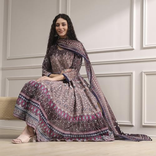 Biba Women Mud Brown Cotton Anarkali Printed Kurta Set_42