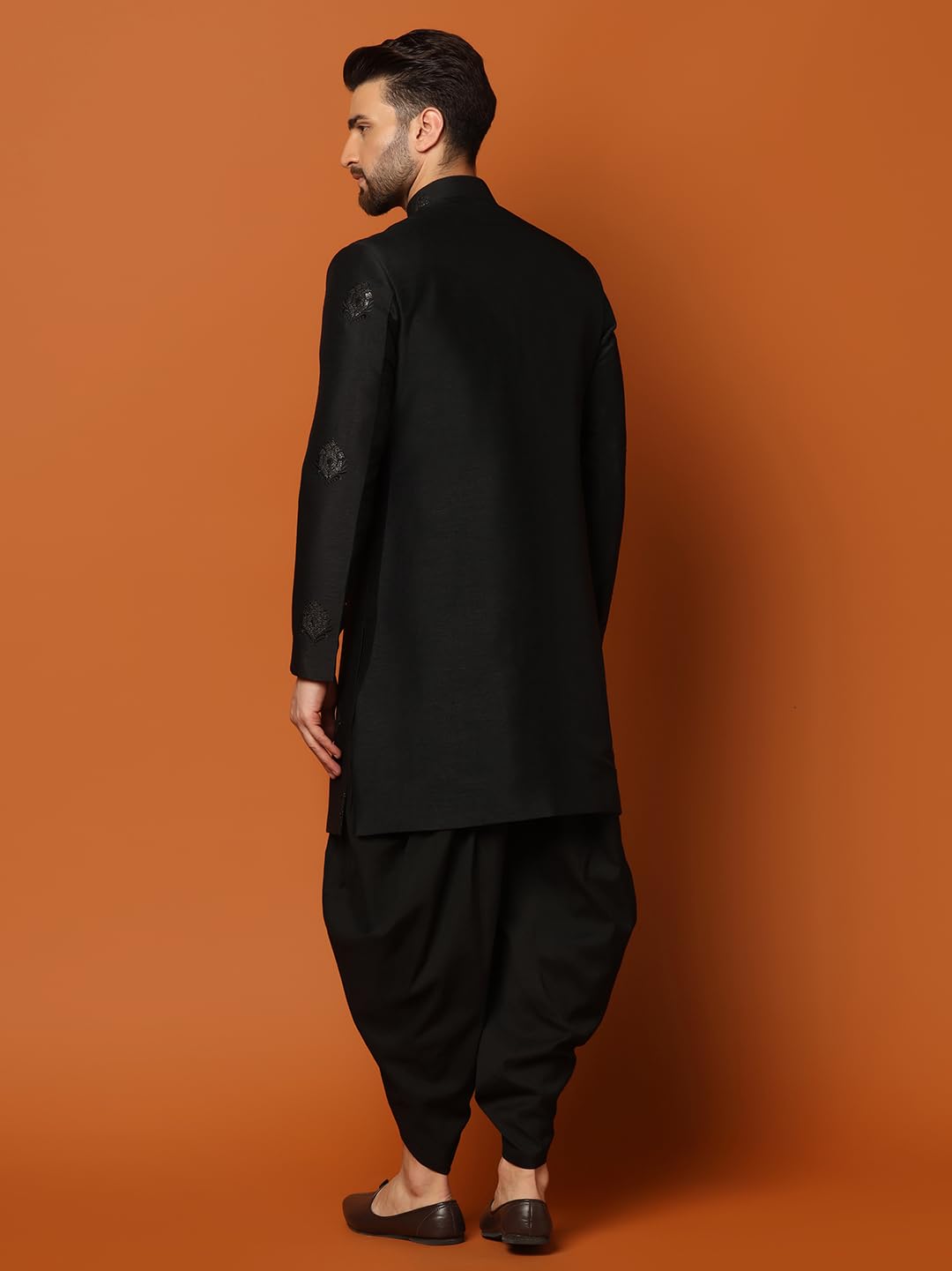 KISAH Men's Sherwani Dhoti Set, Silk Blend Full Sleaves, Knee Length, Straight, Regular Fit, Mandarin Collar Ethnic wear, 40 Black
